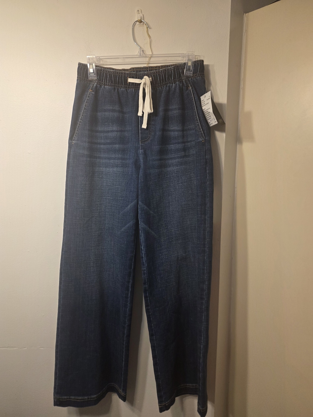 Buffalo David Bitton Wide-Leg Drawstring Denim Pants - Dark Blue with White Tie